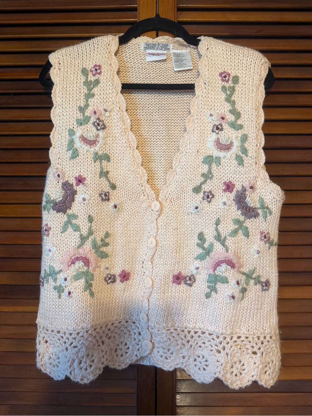 Vintage Hand-Knitted Bobbie Brooks Knit Embroidered Floral Cardigan Vest